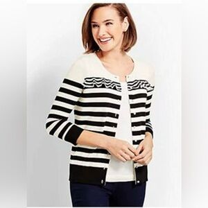 NWT TALBOTS IVORY AND BLACK STRIPED RUFFLED CHARMING
CARDIGAN SMALL
